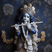 A serene blue-skinned idol of Lord Krishna holding a white flute, adorned with white flowers and a golden crown against a dark blue floral background. | PrintPosters.in